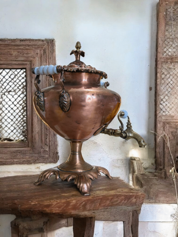 Antique Copper Samovar with Brass Spout & Porcelain Handles – Ornate Footed Base - Image 3
