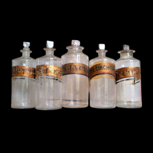 Collection of 5 Original Victorian Apothecary Bottles with Gilded Labels