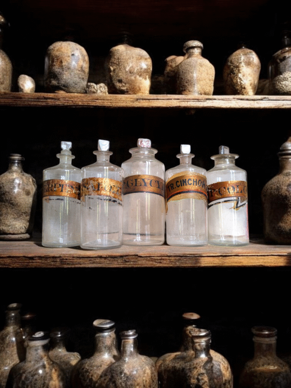 Collection of 5 Original Victorian Apothecary Bottles with Gilded Labels - Image 2