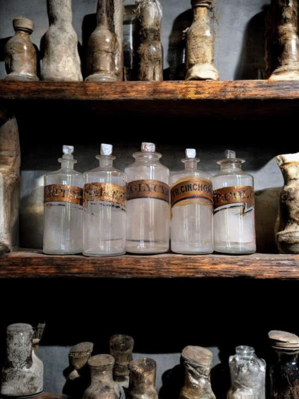 Collection of 5 Original Victorian Apothecary Bottles with Gilded Labels - Image 3