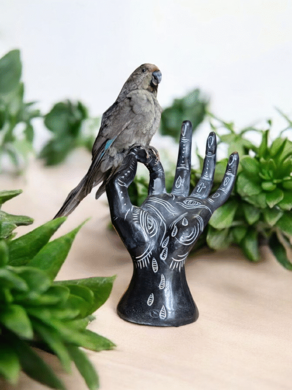 Hand-Painted Ceramic Hand Sculpture with Perched Parrot – Symbolic Art Display - Image 3