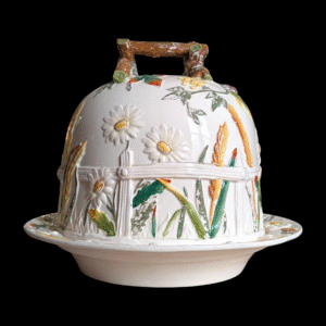 Vintage Majolica Style Cheese Dome with Floral and Wheat Relief Decoration