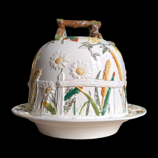 Vintage Majolica Style Cheese Dome with Floral and Wheat Relief Decoration