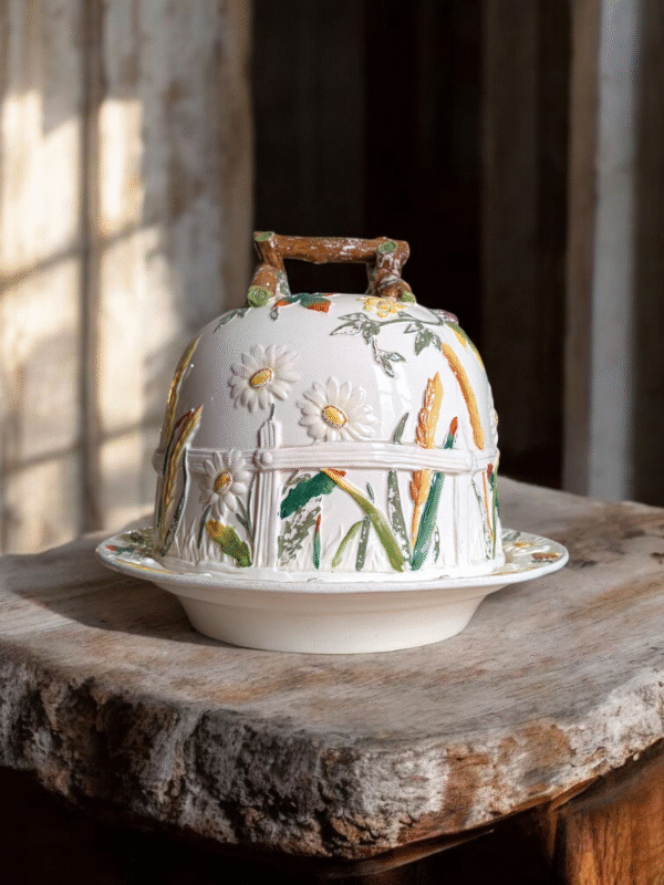 Vintage Majolica Style Cheese Dome with Floral and Wheat Relief Decoration - Image 3