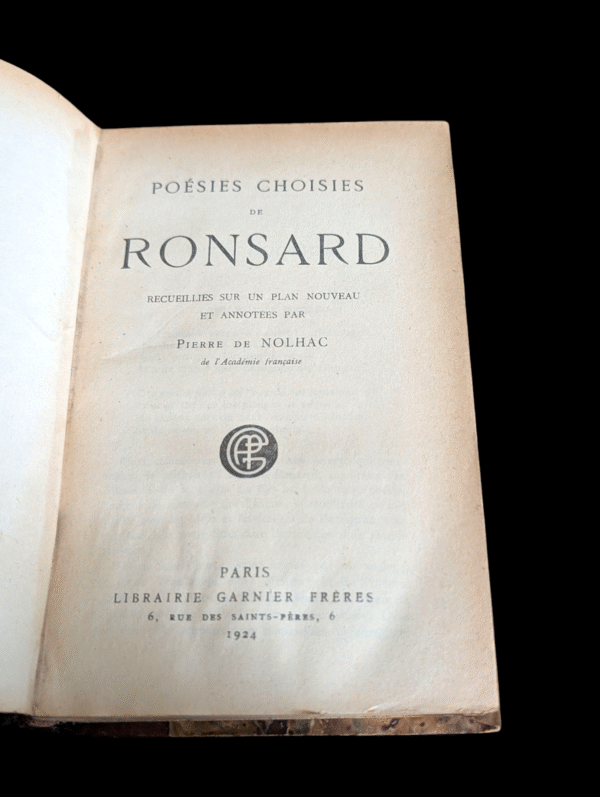 1924 Poésies Choisies de Ronsard – Librairie Garnier Frères – Marbled Boards & Leather Spine - Image 2