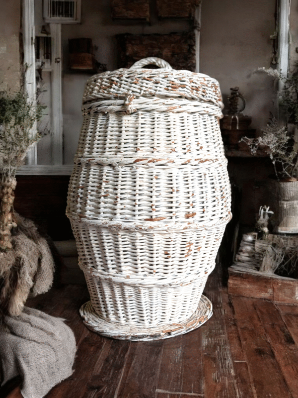 Large White Vintage Wicker Basket - Image 2