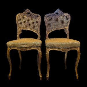 Pair of Antique French Gilt Boudoir Chairs – Ornately Carved with Cane Backs