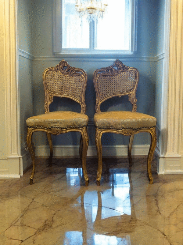 Pair of Antique French Gilt Boudoir Chairs – Ornately Carved with Cane Backs - Image 2