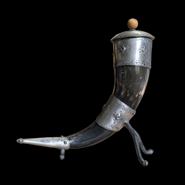 Antique Scottish Horn Mull – Pewter Mounted with Hinged Lid & Finial