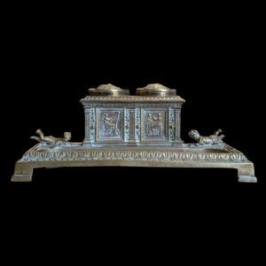 Grand Antique Bronze & Brass Double Inkwell Inkstand – Neoclassical Style with Putti Motif
