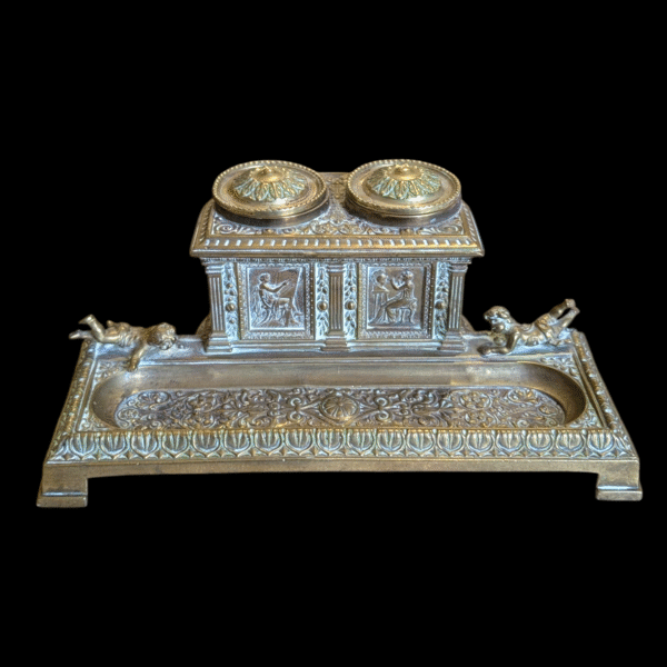 Grand Antique Bronze & Brass Double Inkwell Inkstand – Neoclassical Style with Putti Motif - Image 2