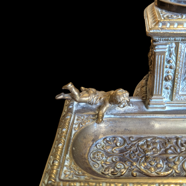 Grand Antique Bronze & Brass Double Inkwell Inkstand – Neoclassical Style with Putti Motif - Image 3