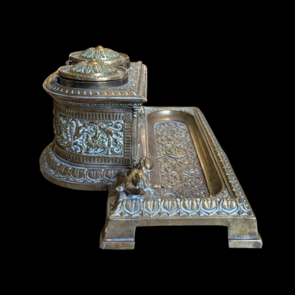 Grand Antique Bronze & Brass Double Inkwell Inkstand – Neoclassical Style with Putti Motif - Image 4
