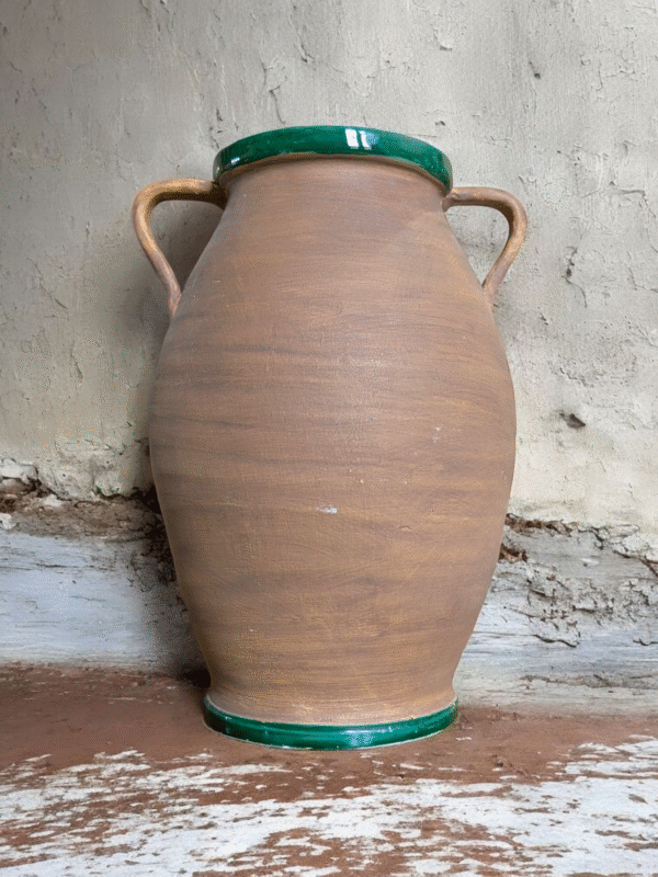 Large Vintage Terracotta Storage Jar with Green Glazed Rim – Twin Handled - Image 2