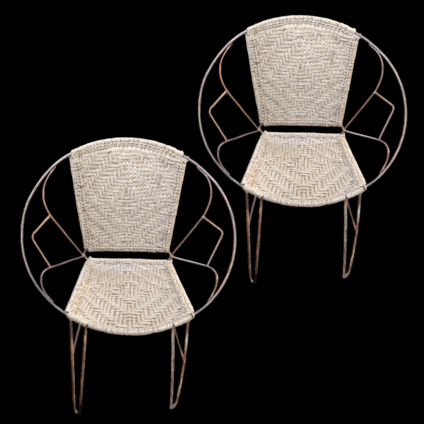 Pair of Mid Century Woven Rope & Iron Framed Chairs