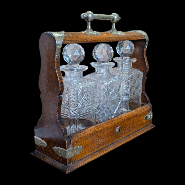 Victorian Silver Plated Oak Tantalus with Three Cut Glass Decanters - Image 2