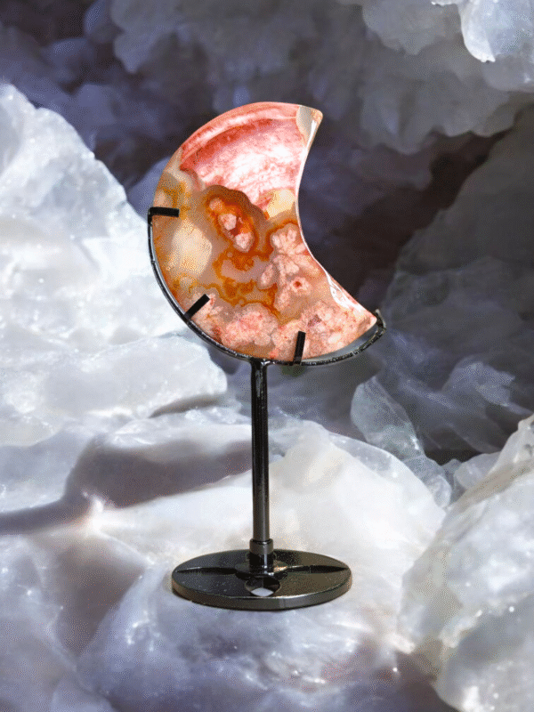 Carnelian & Flower Agate Moon On Stand - Image 2