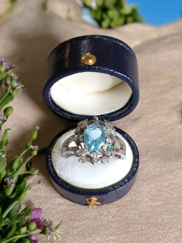 Sterling Silver & Aqua Glass Ring - Size Q - Image 3