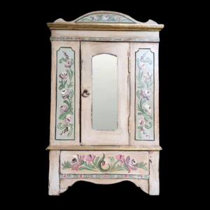 Hand-Painted Miniature Jewellery Armoire – Floral Folk Art with Mirror & Hooks