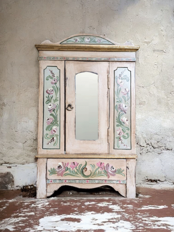 Hand-Painted Miniature Jewellery Armoire – Floral Folk Art with Mirror & Hooks - Image 3