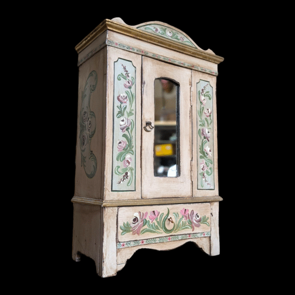 Hand-Painted Miniature Jewellery Armoire – Floral Folk Art with Mirror & Hooks - Image 2