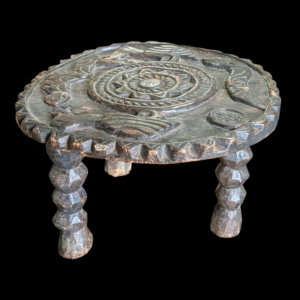 Hand-Carved Tribal Stool with Symbolic Top Design