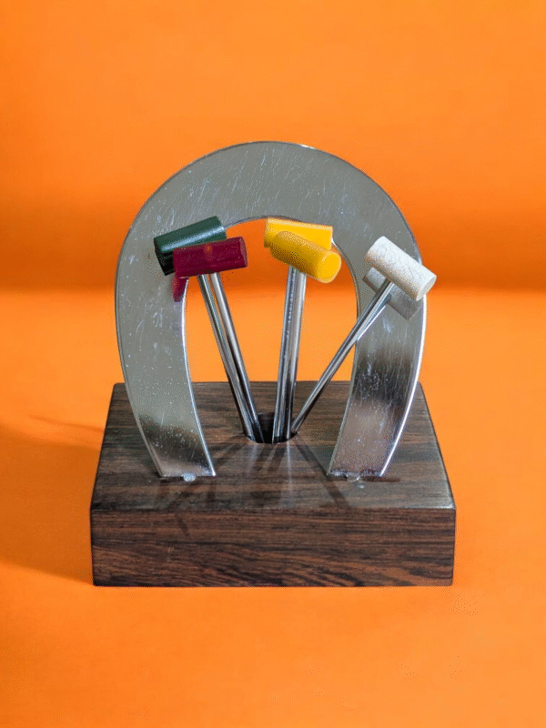Stunning French Art Deco Cocktail Pick Set Polo Bakelite - Chrome On Wood - Image 3