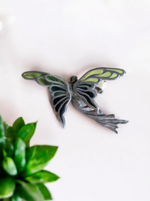 Pique Glass Sterling Silver Pearl Butterfly Brooch - Image 2