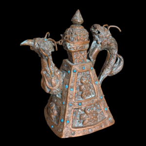 Antique Tibetan Copper Repoussé & Turquoise Teapot With Dragon Handle & Phoenix Spout