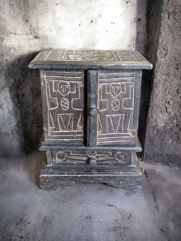 Primitive Hand-Carved Folk Art Countertop Cabinet with Drawer - Image 4