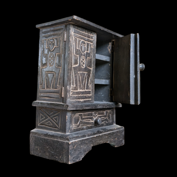 Primitive Hand-Carved Folk Art Countertop Cabinet with Drawer - Image 3