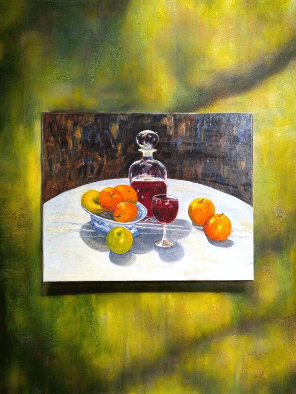 Original Unframed Still Life Oil Painting – Fruit, Wine & Decanter Scene - Image 2