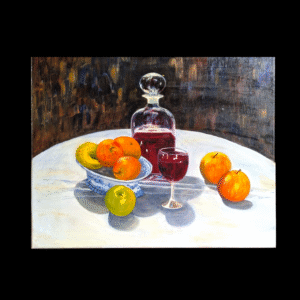 Original Unframed Still Life Oil Painting – Fruit, Wine & Decanter Scene