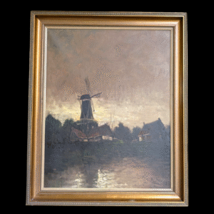 Framed Original Oil Painting – Dutch Windmill at Dusk