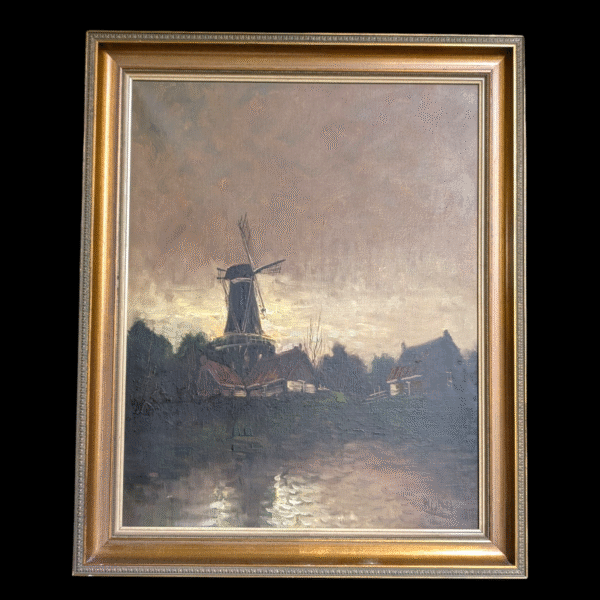 Framed Original Oil Painting – Dutch Windmill at Dusk
