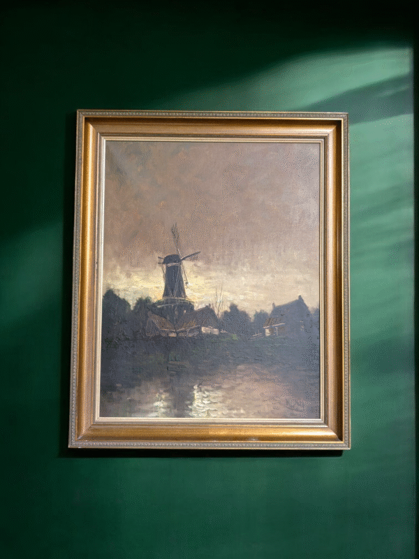 Framed Original Oil Painting – Dutch Windmill at Dusk - Image 2