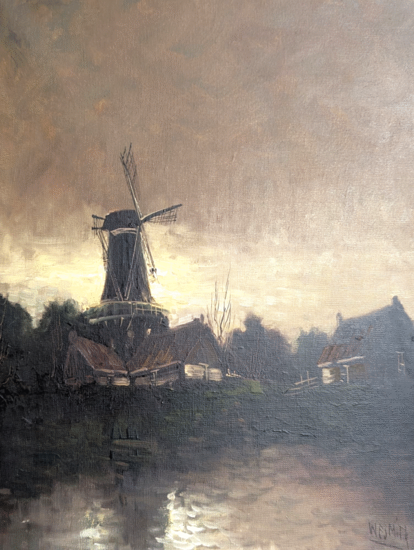 Framed Original Oil Painting – Dutch Windmill at Dusk - Image 3