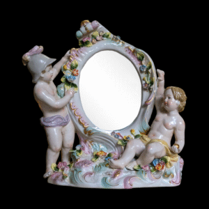 Antique Porcelain Table Mirror with Cherubs & Floral Rococo Detail