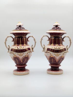 Pair of Victorian Twin-Handled Apothecary Jars “Hemlock” & “Leeches”