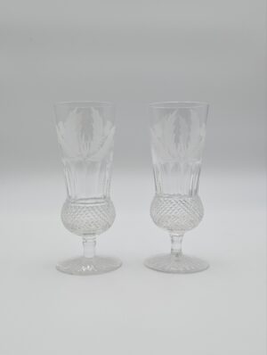 Pair of Edinburgh Crystal Thistle Champagne Flutes – Signed