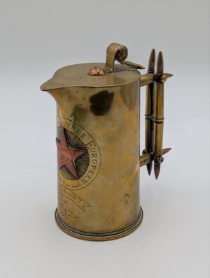 WW1 Trench Art Brass Tankard Dated 1914–1917 with Bullet Handle – Inscribed “To Hilda”