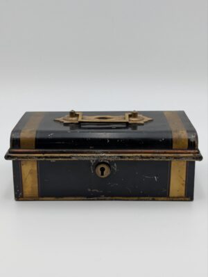 Edwardian Black Japanned Cash Box with Removable Inner Tray and Key