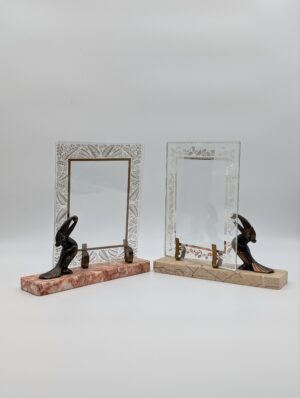 Pair of Art Deco Glass Photo Frames with Marble Bases and Bronze Bird Figures