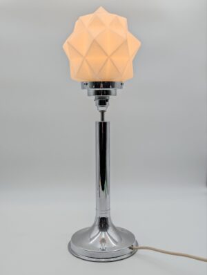 Art Deco Chrome Table Lamp with Vaseline Glass Geometric Shade