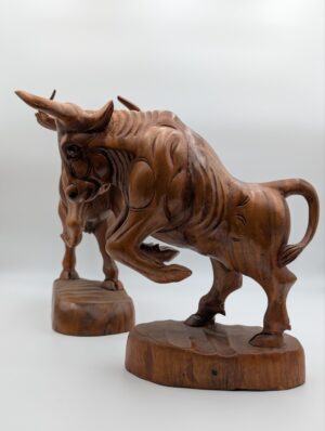 Pair of Large Hand Carved Wooden Bulls – Heavily Carved Decorative Sculptures