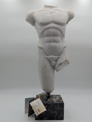 Italian Designer Carved Marble Male Torso Sculpture on Marble Socle – A. Santini