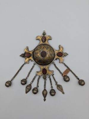 Turkoman Silvered Metal Pectoral Ornament with Hanging Charms