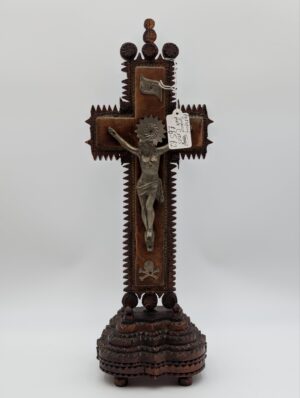 Antique Tramp Art Crucifix – Hand Carved Folk Art Cross with Metal Corpus