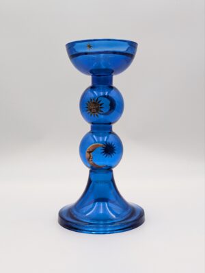 1990s Celestial Blue Glass Pillar Candlestick with Sun & Moon Decoration
