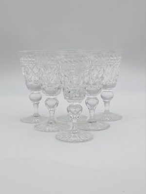 Set of Six Vintage Cut Crystal Stemmed Glasses with Faceted Bowl and Knopped Stem